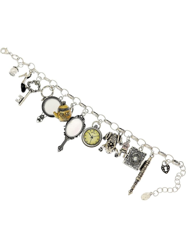 Women's Silver Cuff Mirror Clock Heart Teapot Wonderland Style Bangle Bracelet